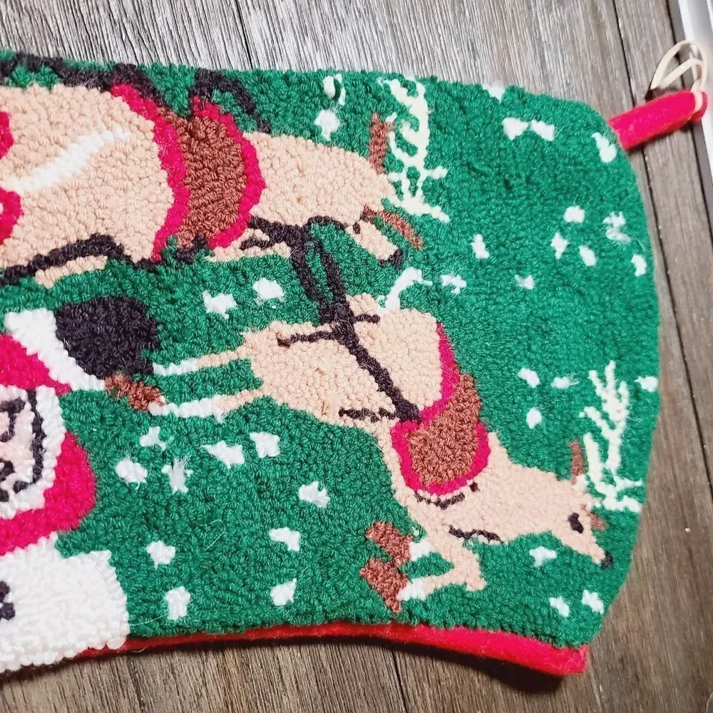 Vintage Christmas Needlepoint Stocking Santa Sleigh Reindeer